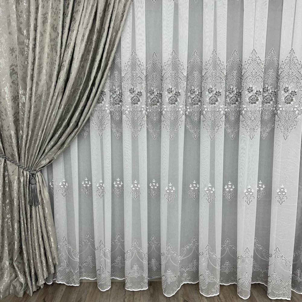 Бамбуковий тюль з  шикарною вишивкою Keten №7590 сірий