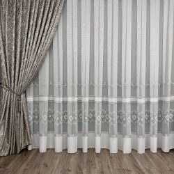 Тюль бамбук з вишивкою Keten 12-02 білий з сірим