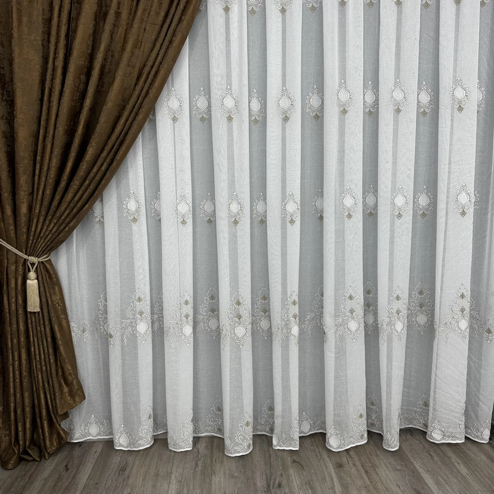 Тюль льон з вишивкою Keten №4527 коричневий 