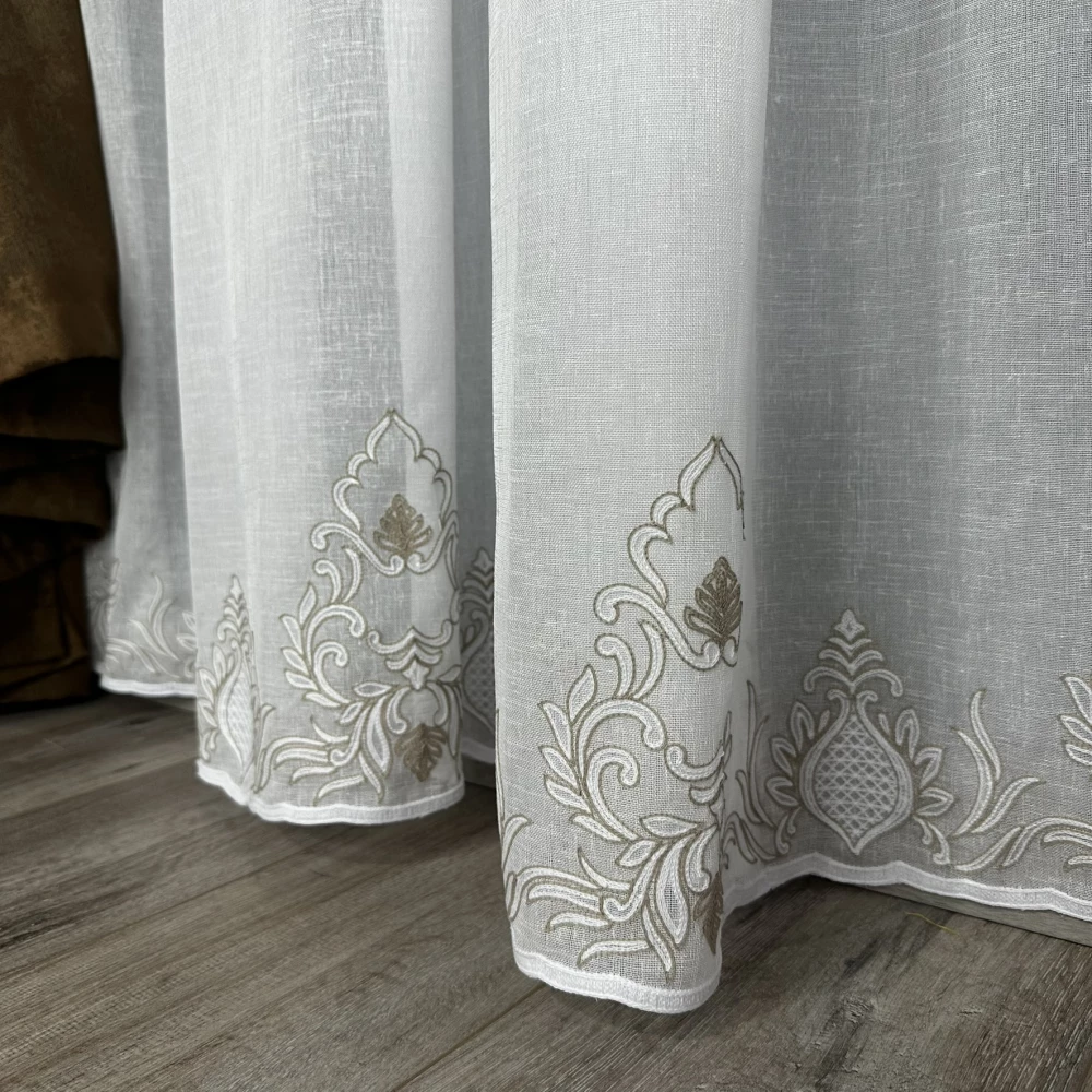 Тюль льон з вишивкою Keten №4527 коричневий 