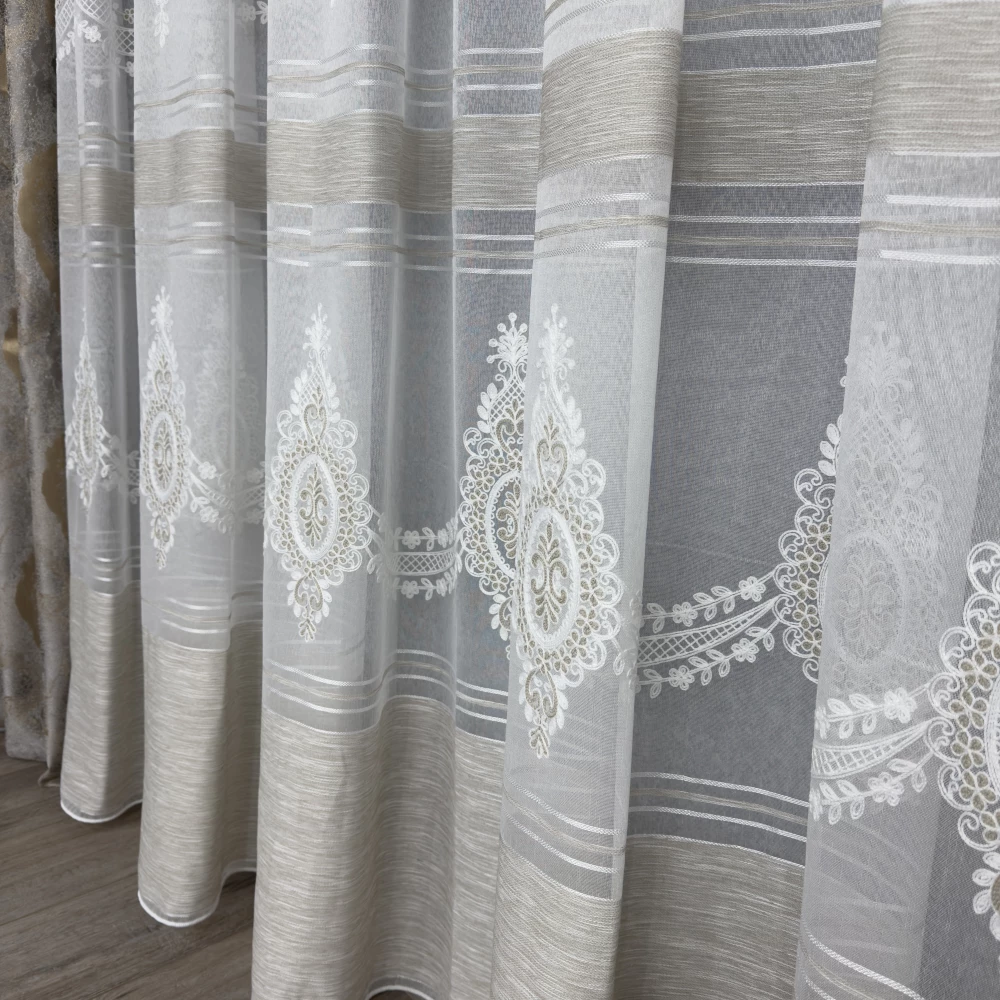 Тюль бамбук з вишивкою Keten №8006 Капучіно