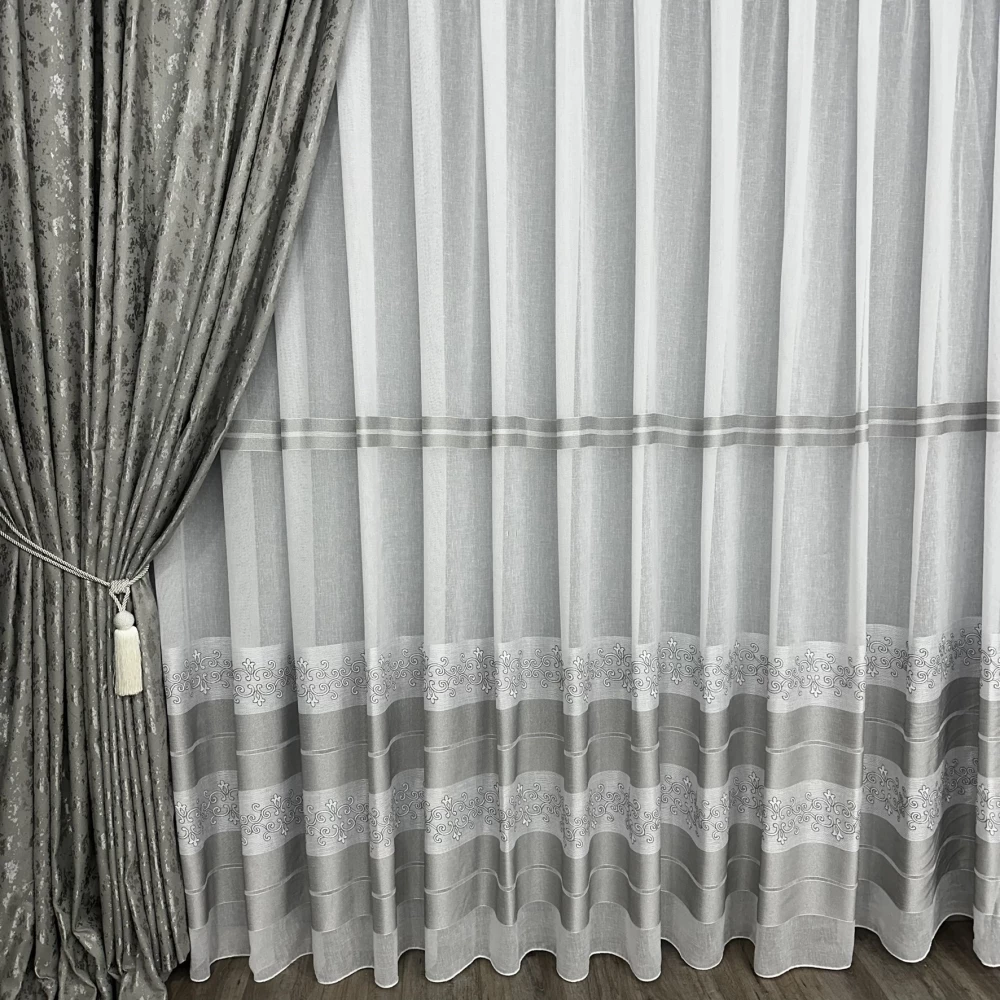 Тюль льон з вишивкою Keten FKN100 сірий