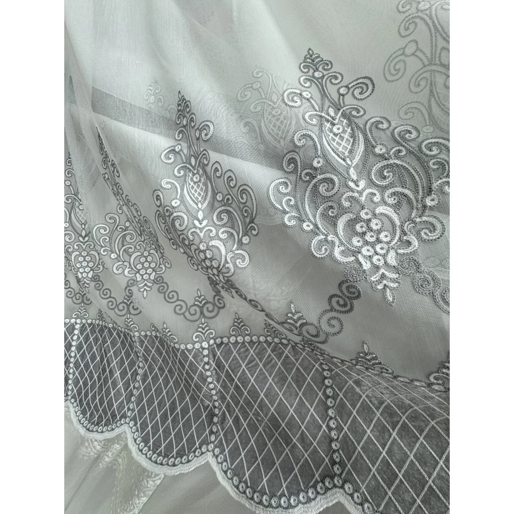 Тюль бамбук з оксамитовим візерунком по низу №7181 сірий