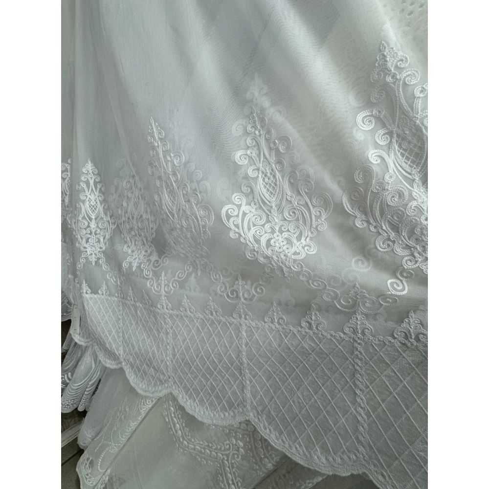 Тюль бамбук з оксамитовим візерунком по низу №7181 Молочний