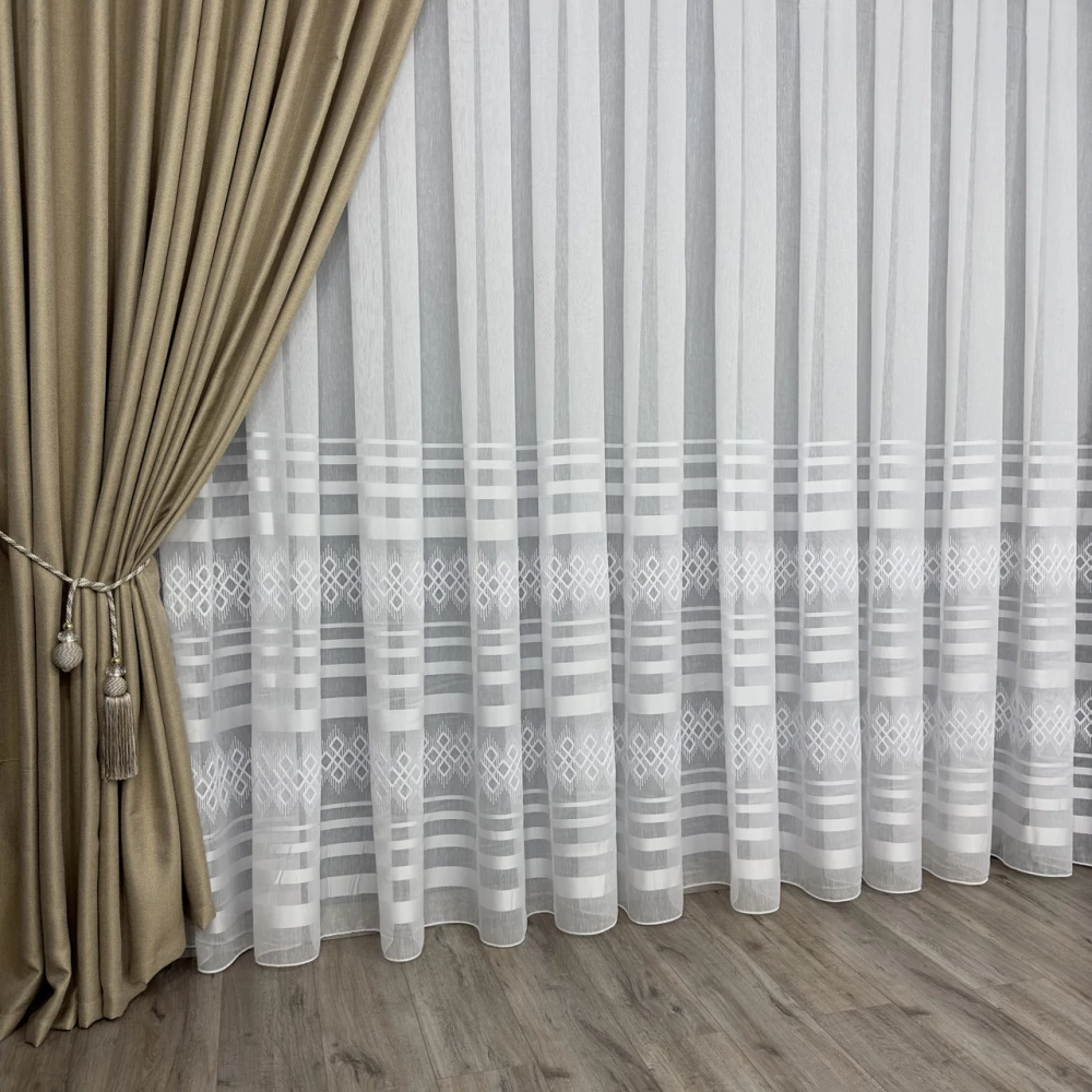 Тюль бамбук з кордовою вишивкоюTBN109 на відріз білий