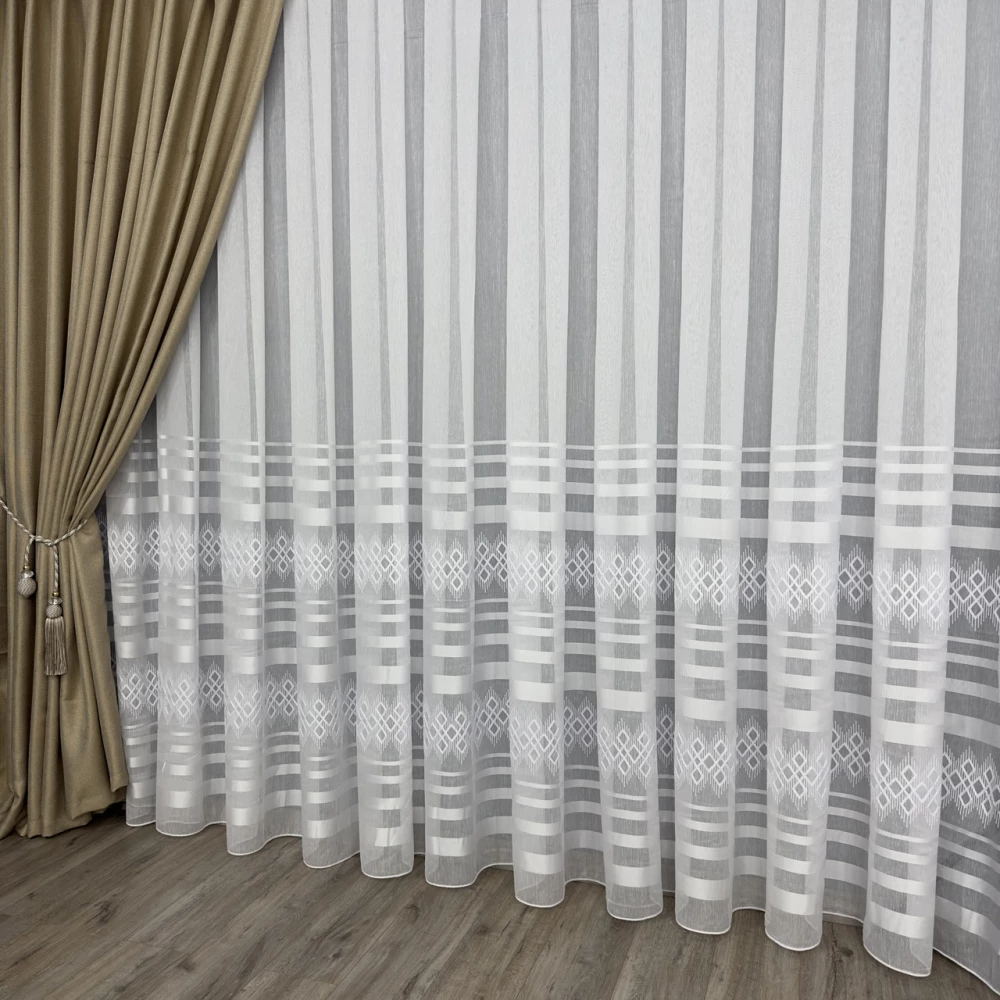 Тюль бамбук з кордовою вишивкоюTBN109 на відріз білий