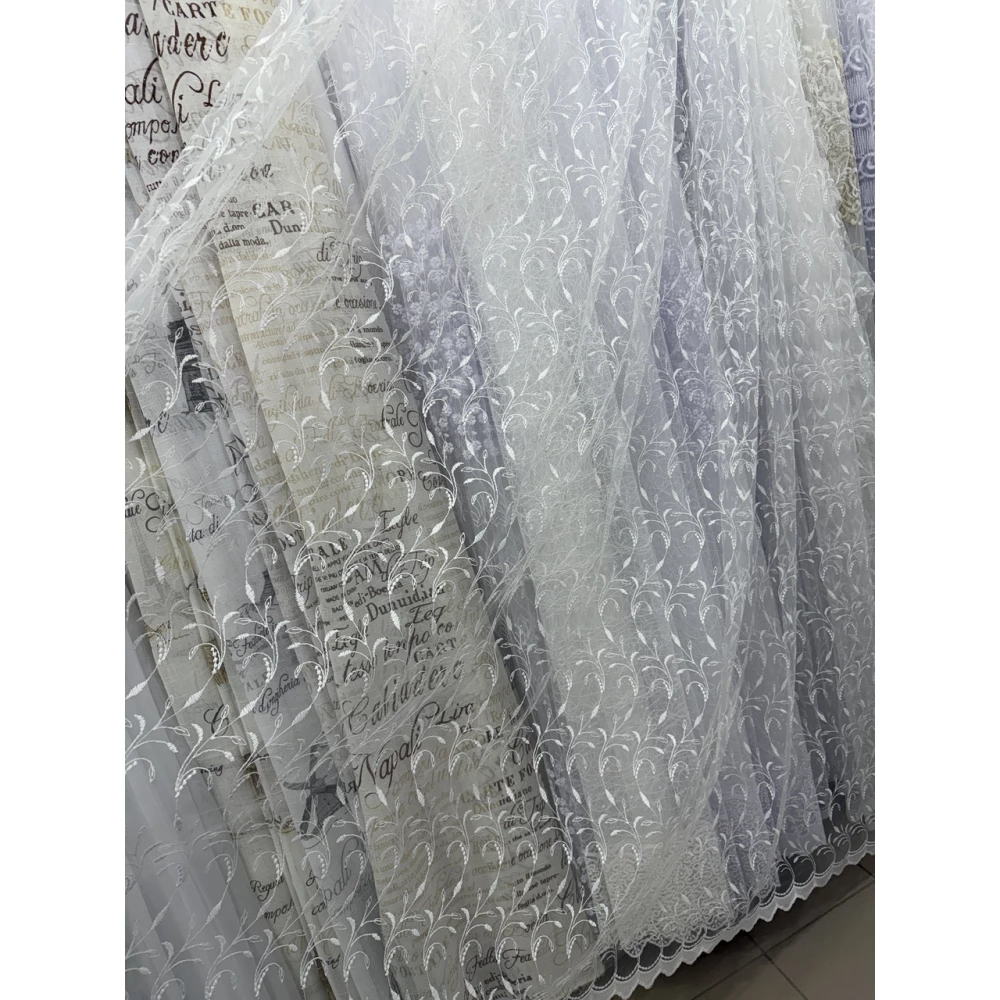 Кремовий фатиновий тюль з вишивкою №8228 на відріз