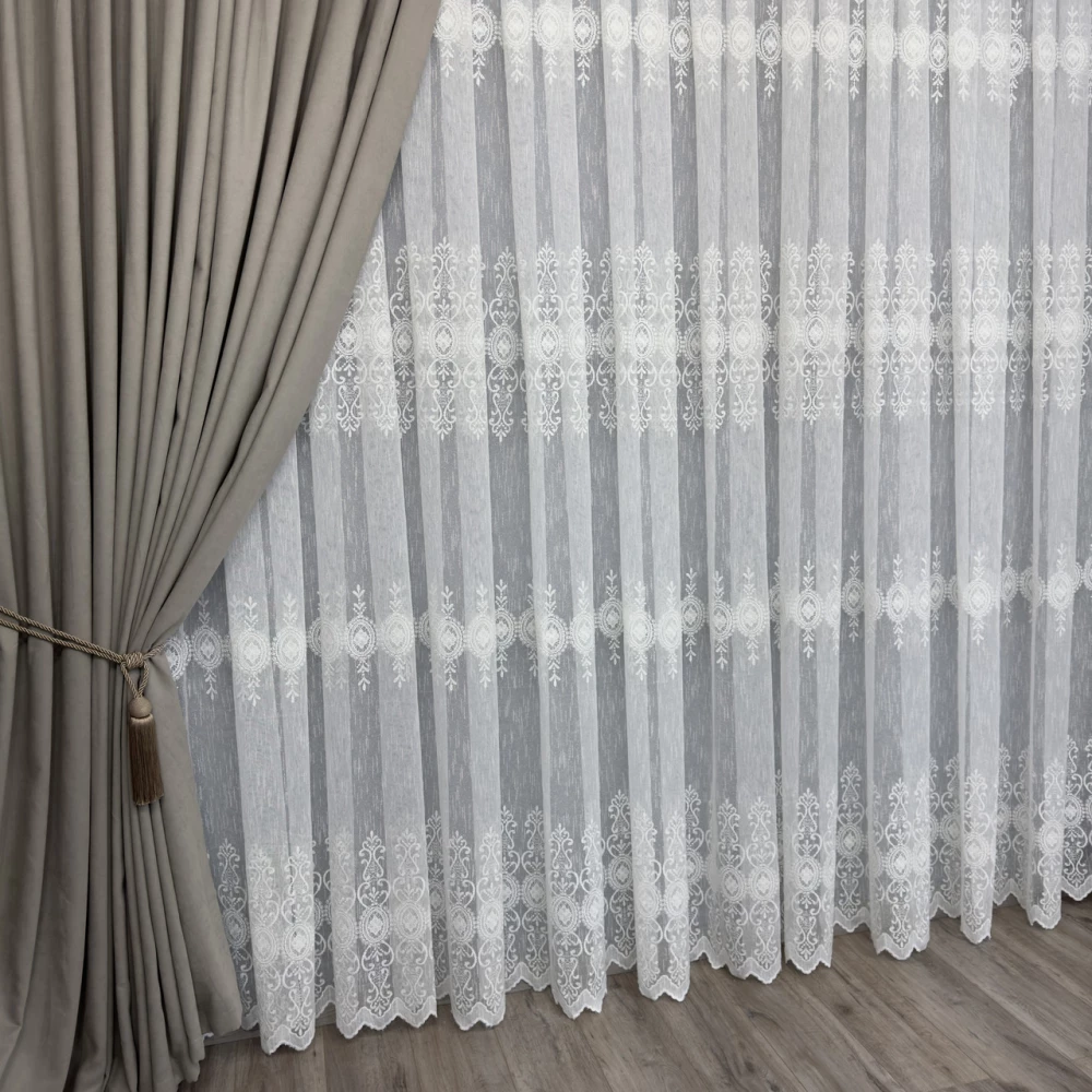 Тюль льон з вишивкою №1115 молочний