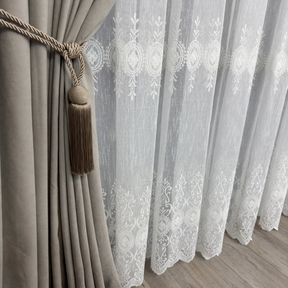 Тюль льон з вишивкою №1115 молочний