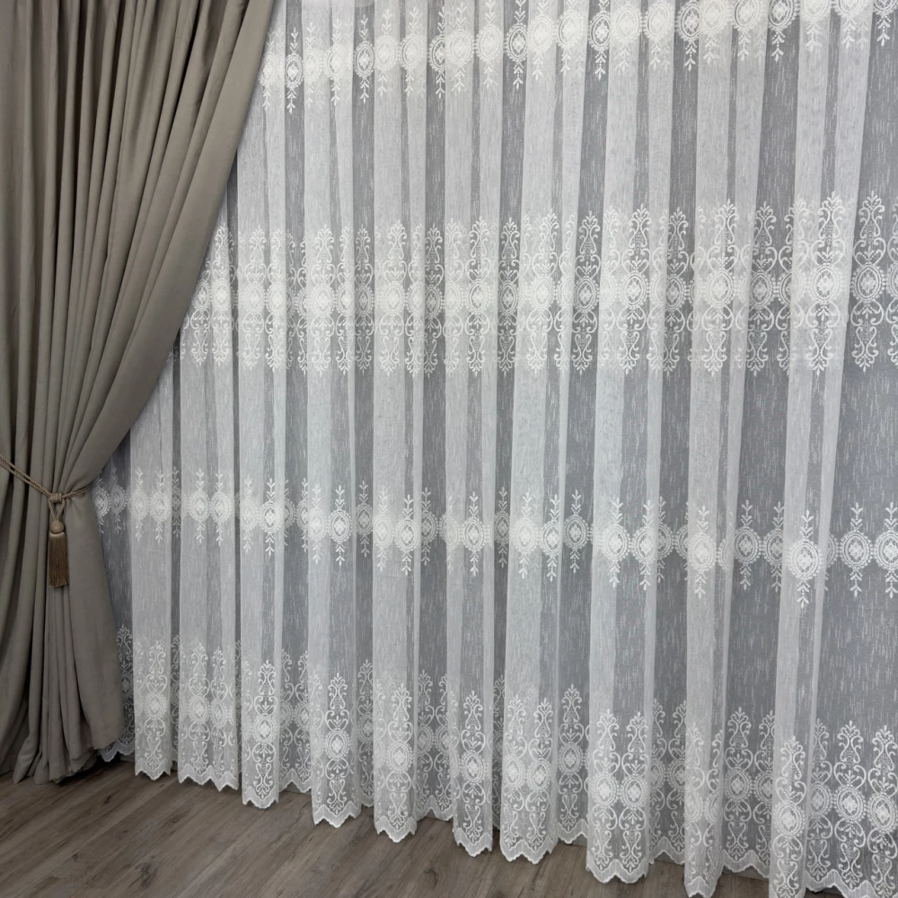 Тюль льон з вишивкою №1115 молочний