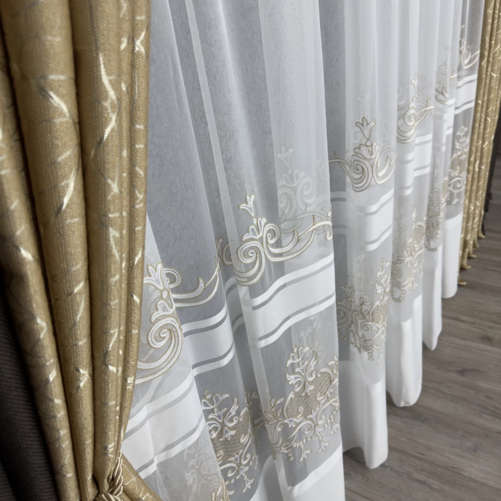 Тюль бамбук з вишивкою Keten 7238 білий з золотим