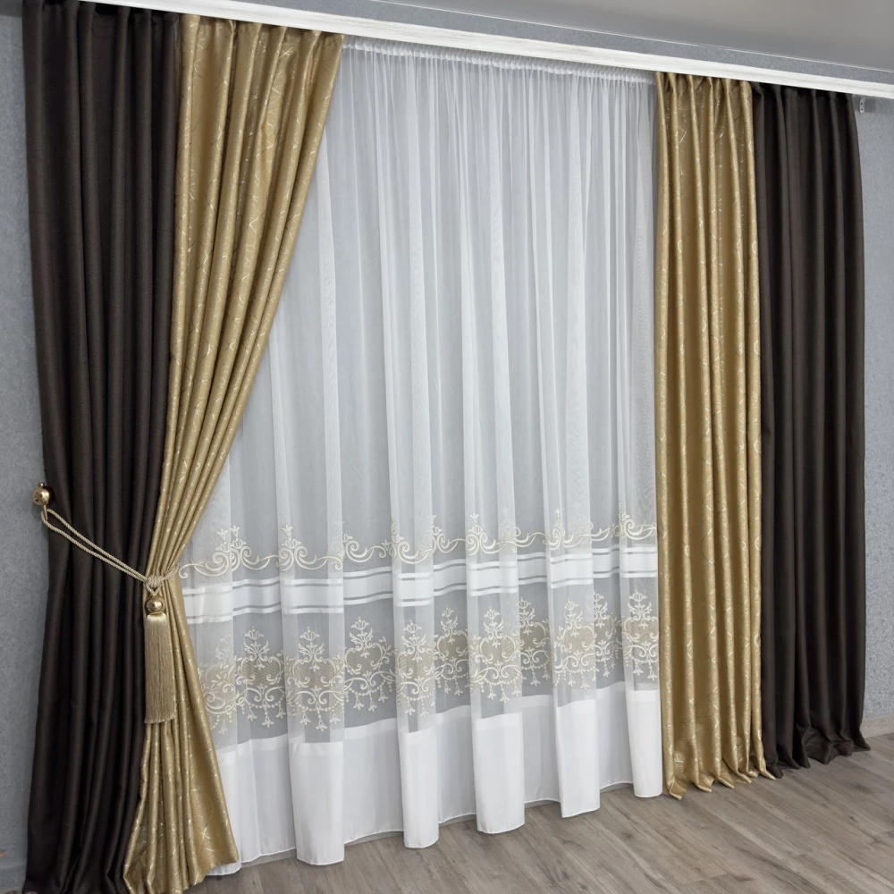 Тюль бамбук з вишивкою Keten 7238 білий з золотим