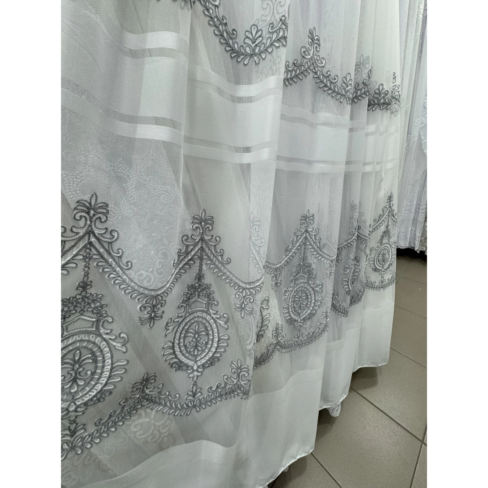 Тюль бамбук з вишивкою Keten 7237 білий з сірим