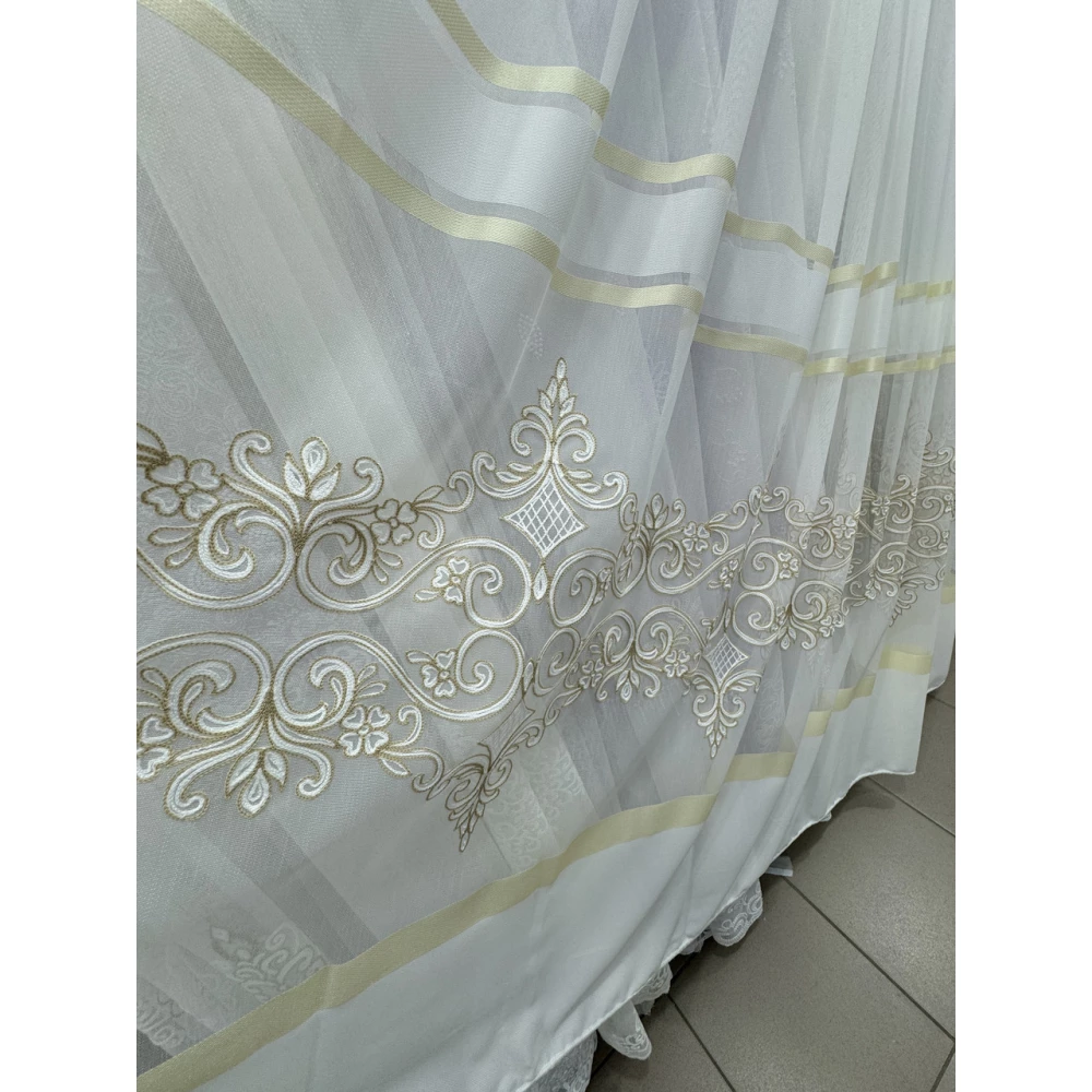 Тюль бамбук с вышивкой Keten 7240 айвори с золотом
