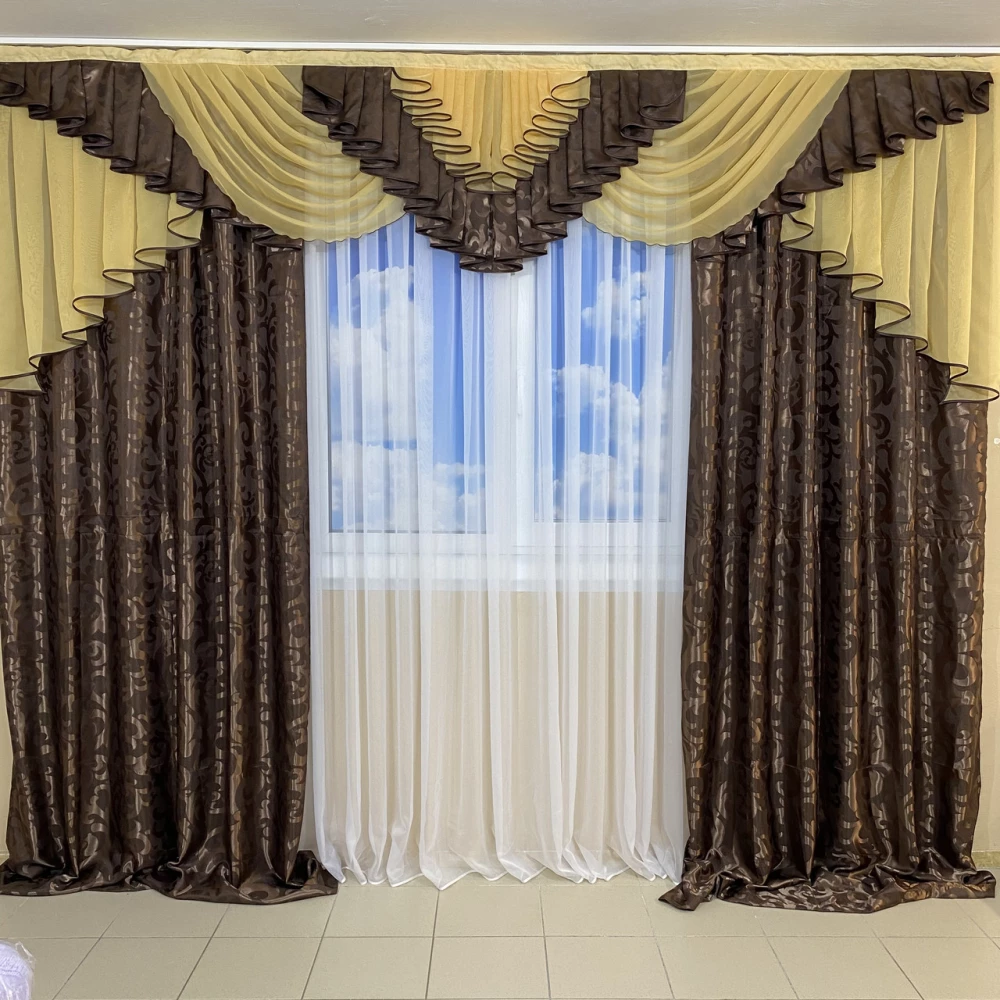 Шикарный ламбрекен со шторами в зал, спальню, гостиную  №448 шоколад
