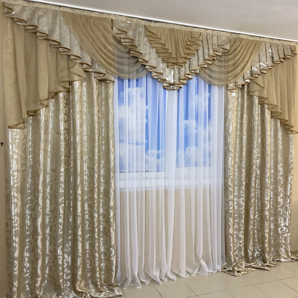 Шикарний ламбрекен зі шторами в зал, спальню, вітальню №448 беж