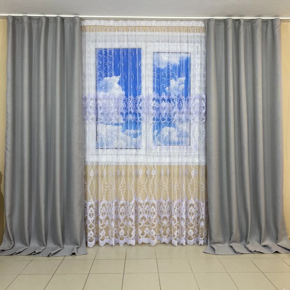 Готові штори Льон рогожка світло сірий