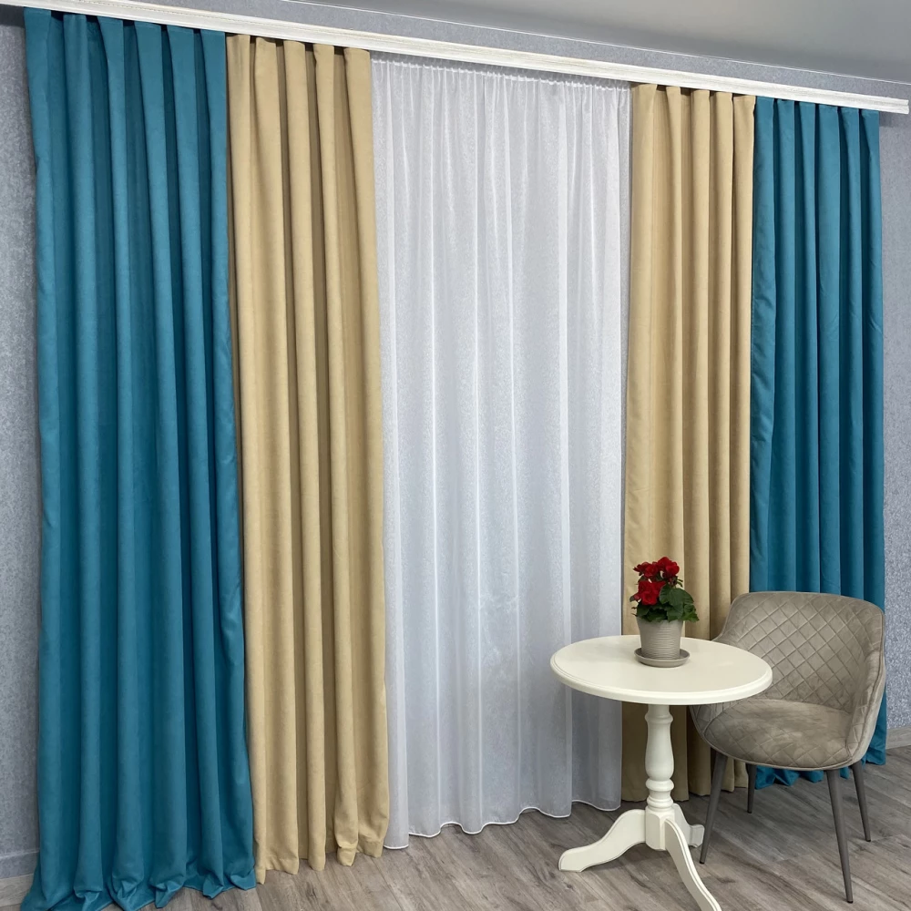 Штори мікровелюр Дует №450 бірюза-беж