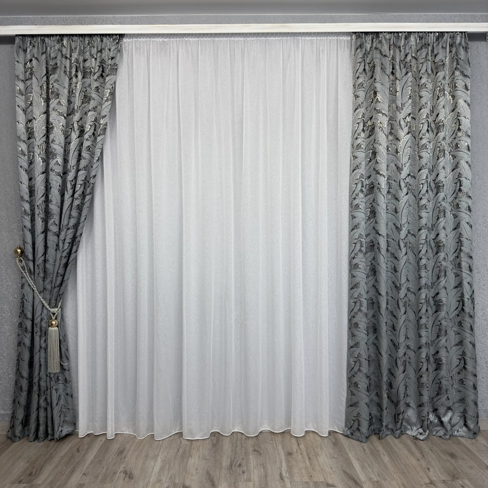 Готові штори Листя з жакардової тканини Синій