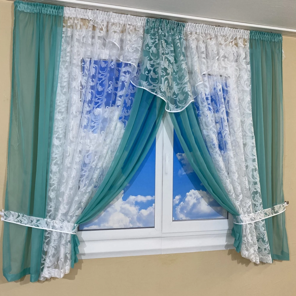 Фіранка на кухню зі шторками №445 бирюза