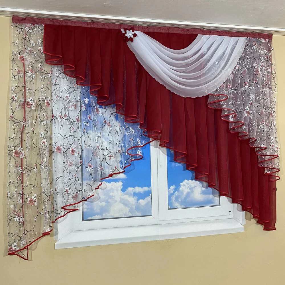 Тюль ламбрекен в детскую, на кухню №446 красный