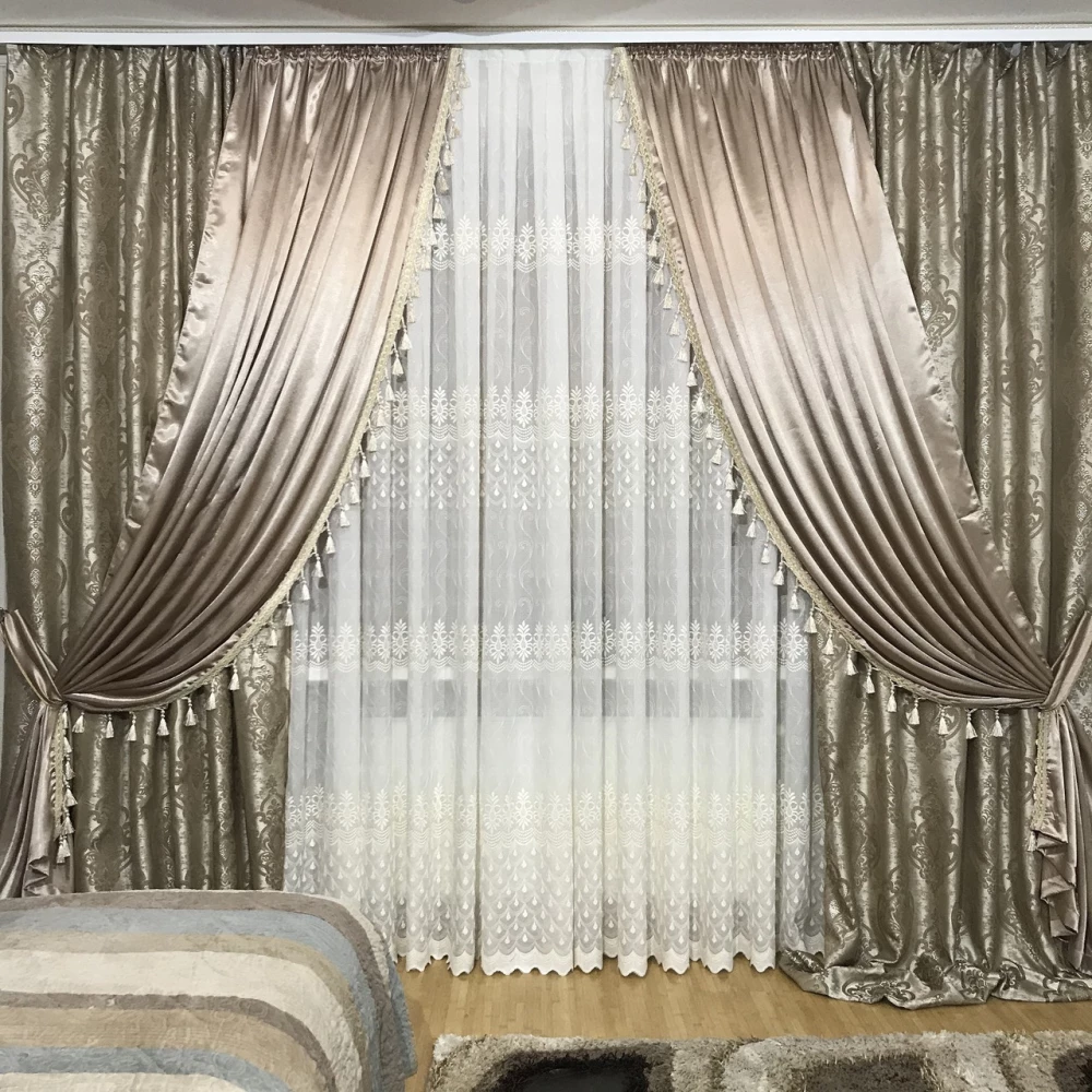 Готовые шторы декорированные бахромой №396 капучино