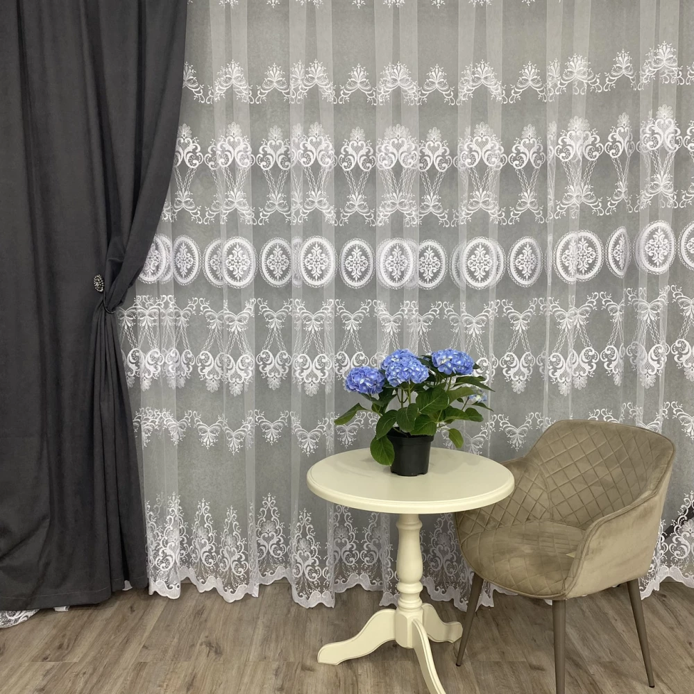 Фатиновий тюль з густою вишивкой №24570 білий