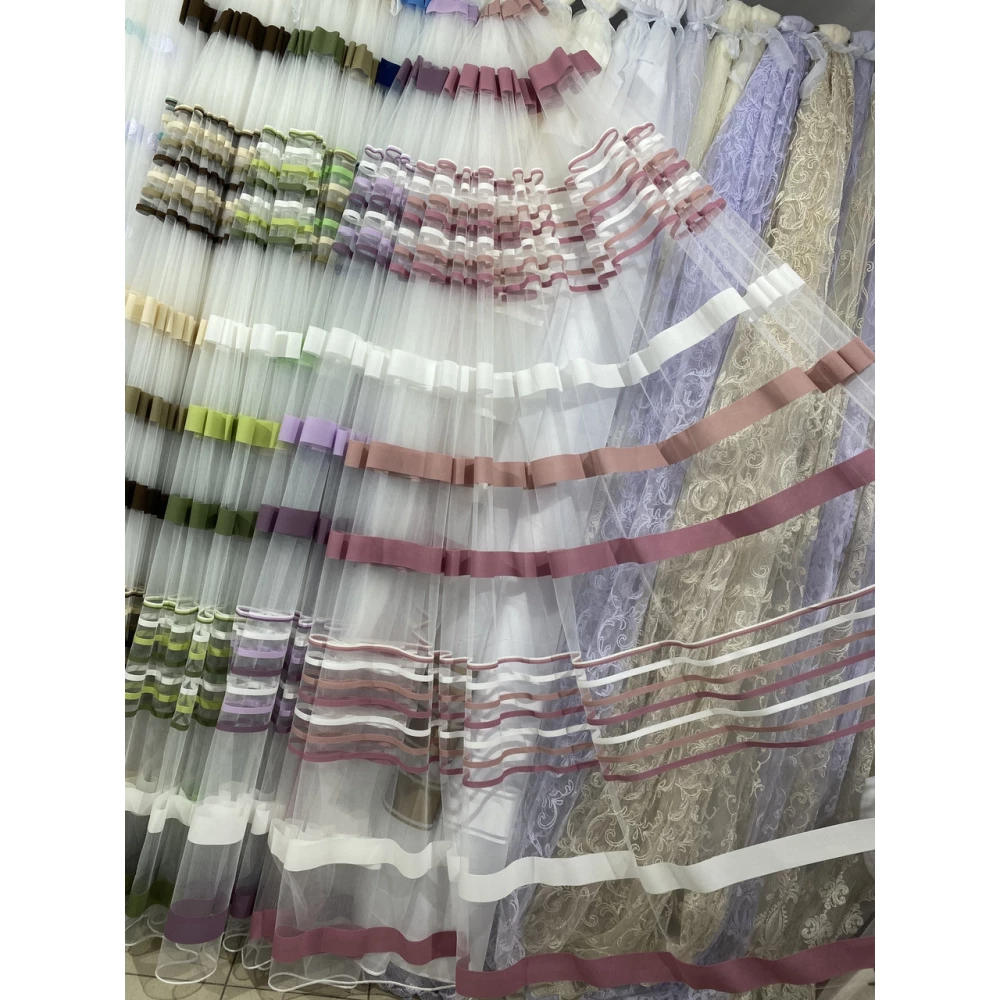 Тюль фатин-сітка з горизонтальними смужками Рожевий