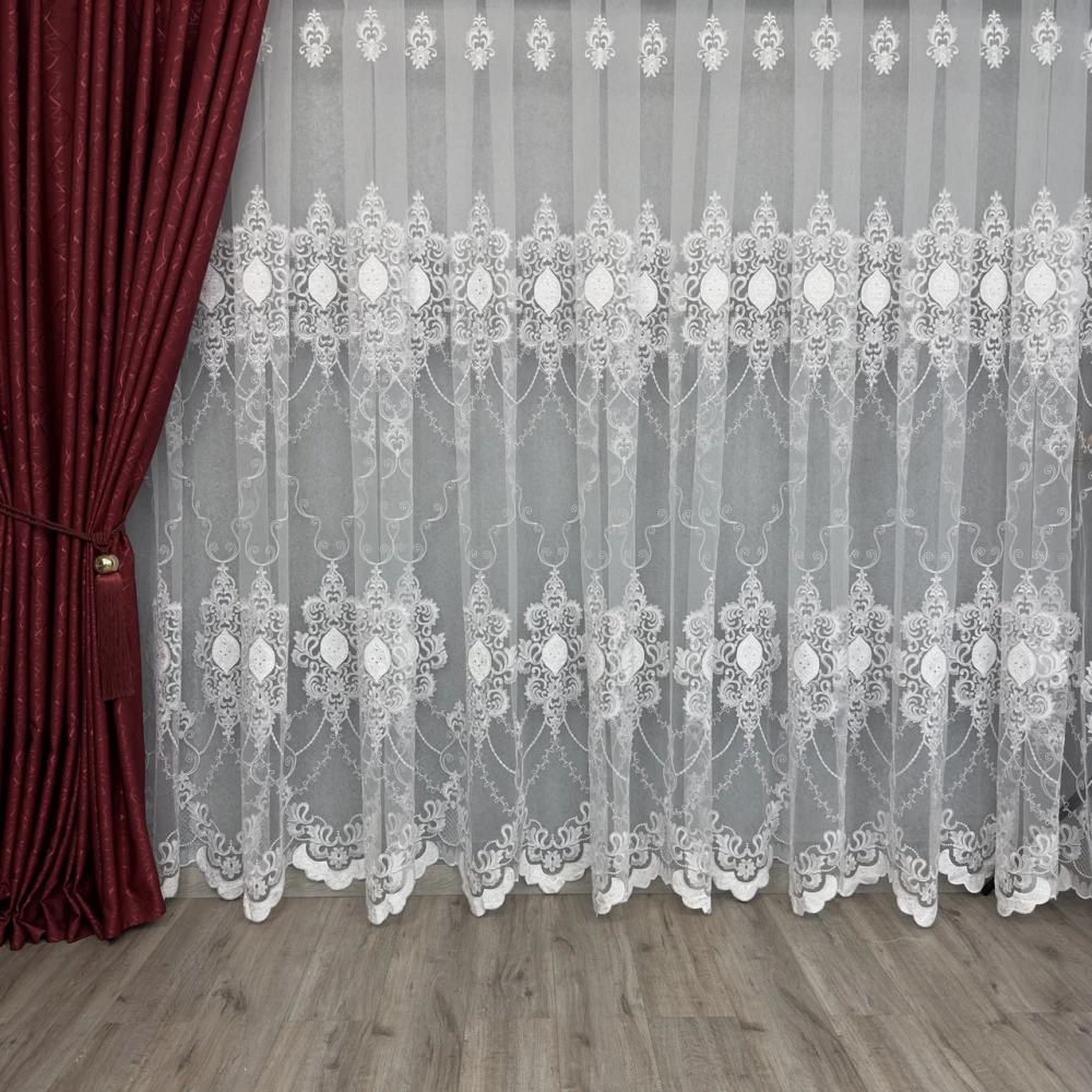 Тюль грек-сетка с камнями и кордовой вышивкой №34064 