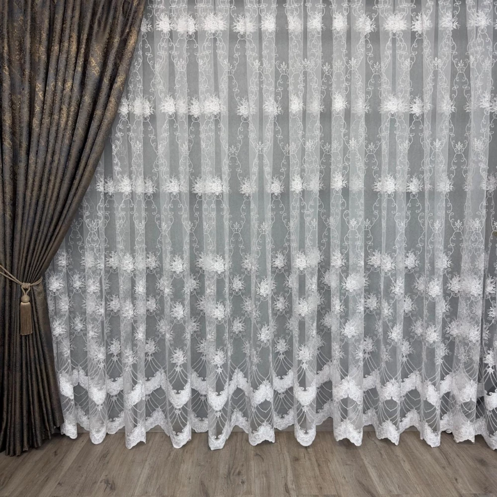 Тюль фатин-сітка з камінням і оксамитовими вставками №20969