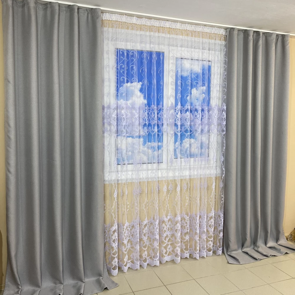 Готові штори Льон рогожка світло сірий