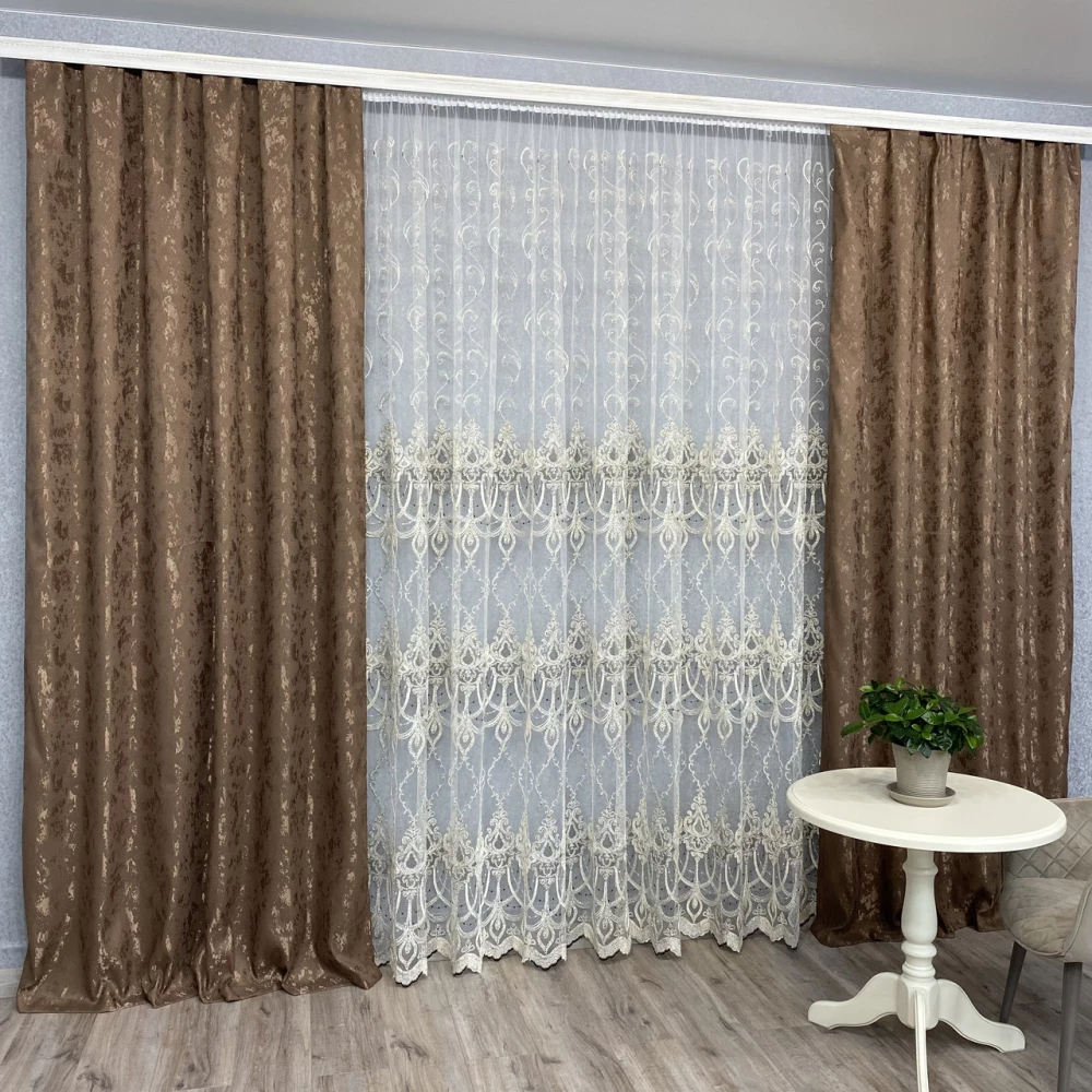 Готові штори Мішковина-мармур коричневий