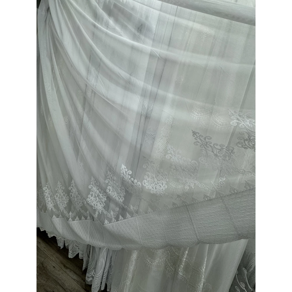 Тюль бамбук з оксамитовим візерунком по низу №7181 Молочний