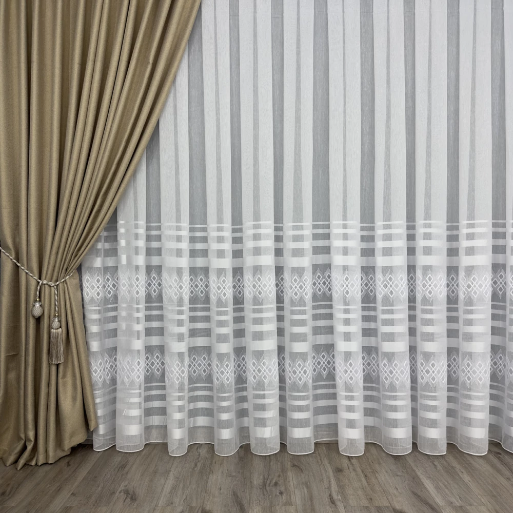 Тюль бамбук з кордовою вишивкоюTBN109 на відріз білий