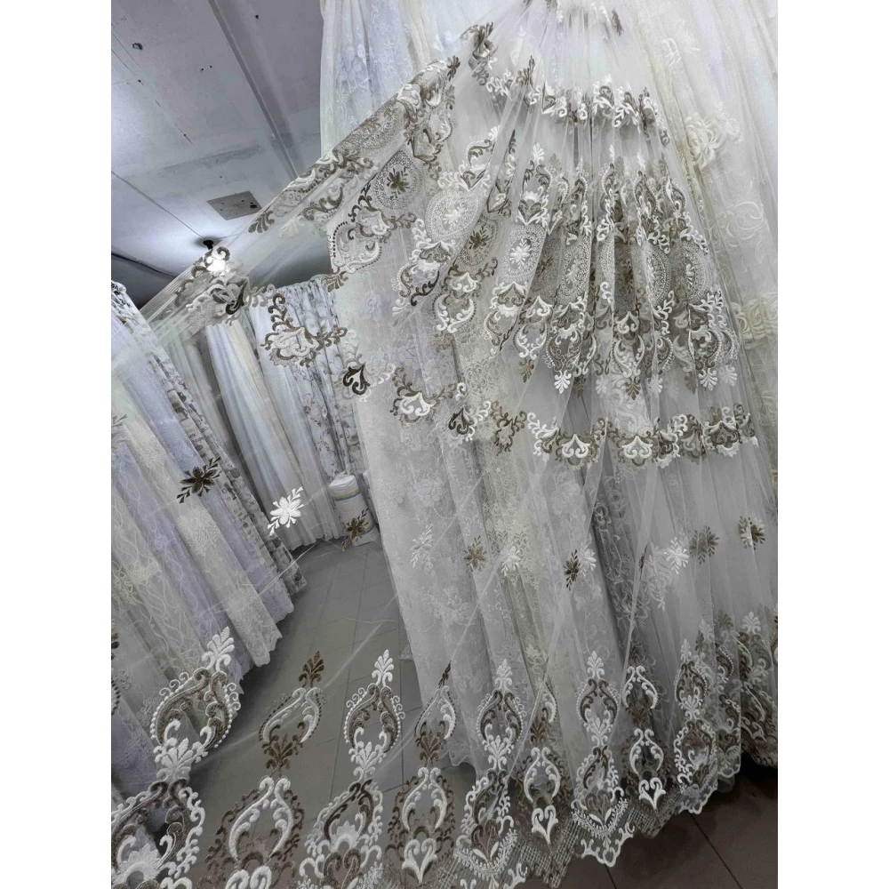 Шикарный фатиновый тюль с густой вышивкой №24527 коричневый