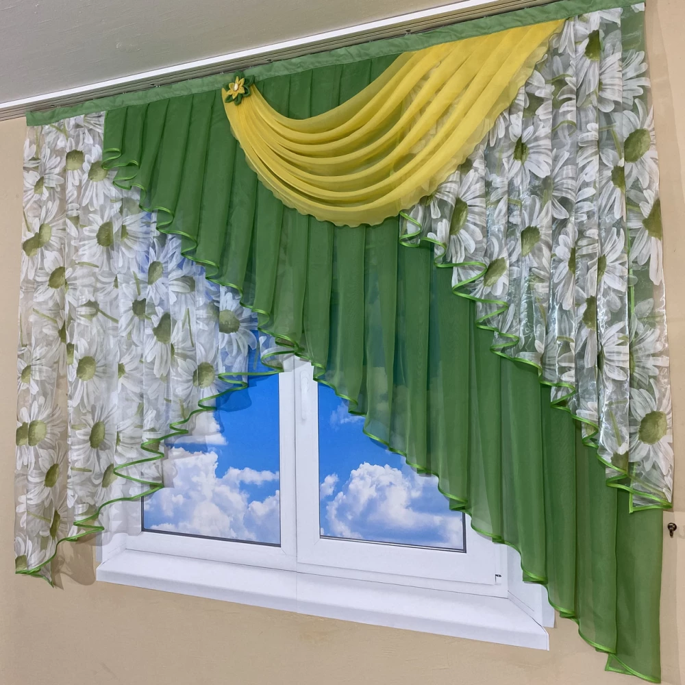 Тюль ламбрекен в детскую, на кухню №446 зелёный