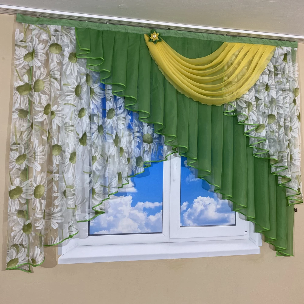 Тюль ламбрекен в детскую, на кухню №446 зелёный