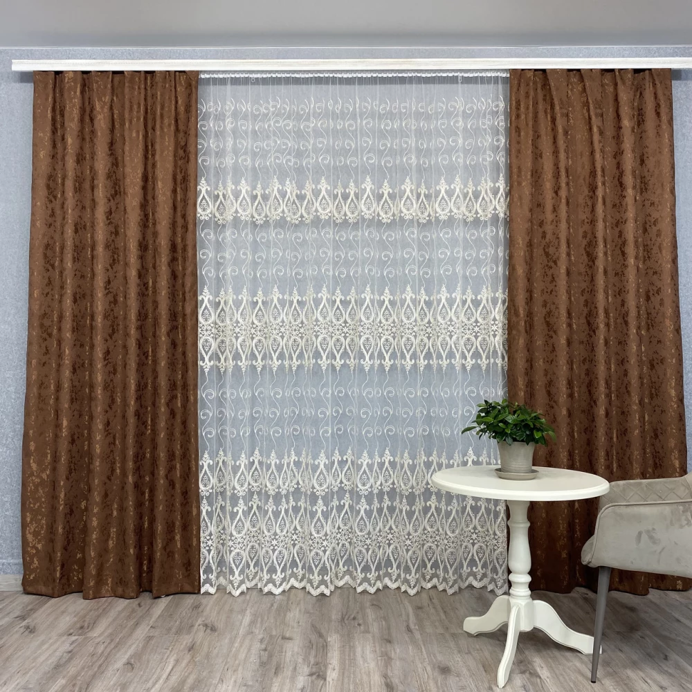 Готові штори Мішковина-мармур шоколад