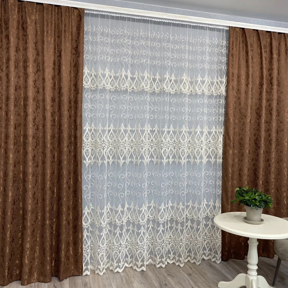 Готові штори Мішковина-мармур шоколад