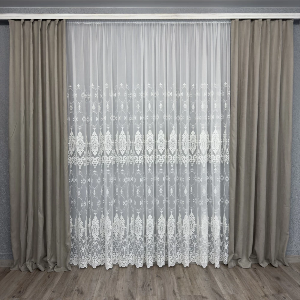 Бамбукова тюль з шикарною вишивкою №16101 у вітальню, спальню Айворі