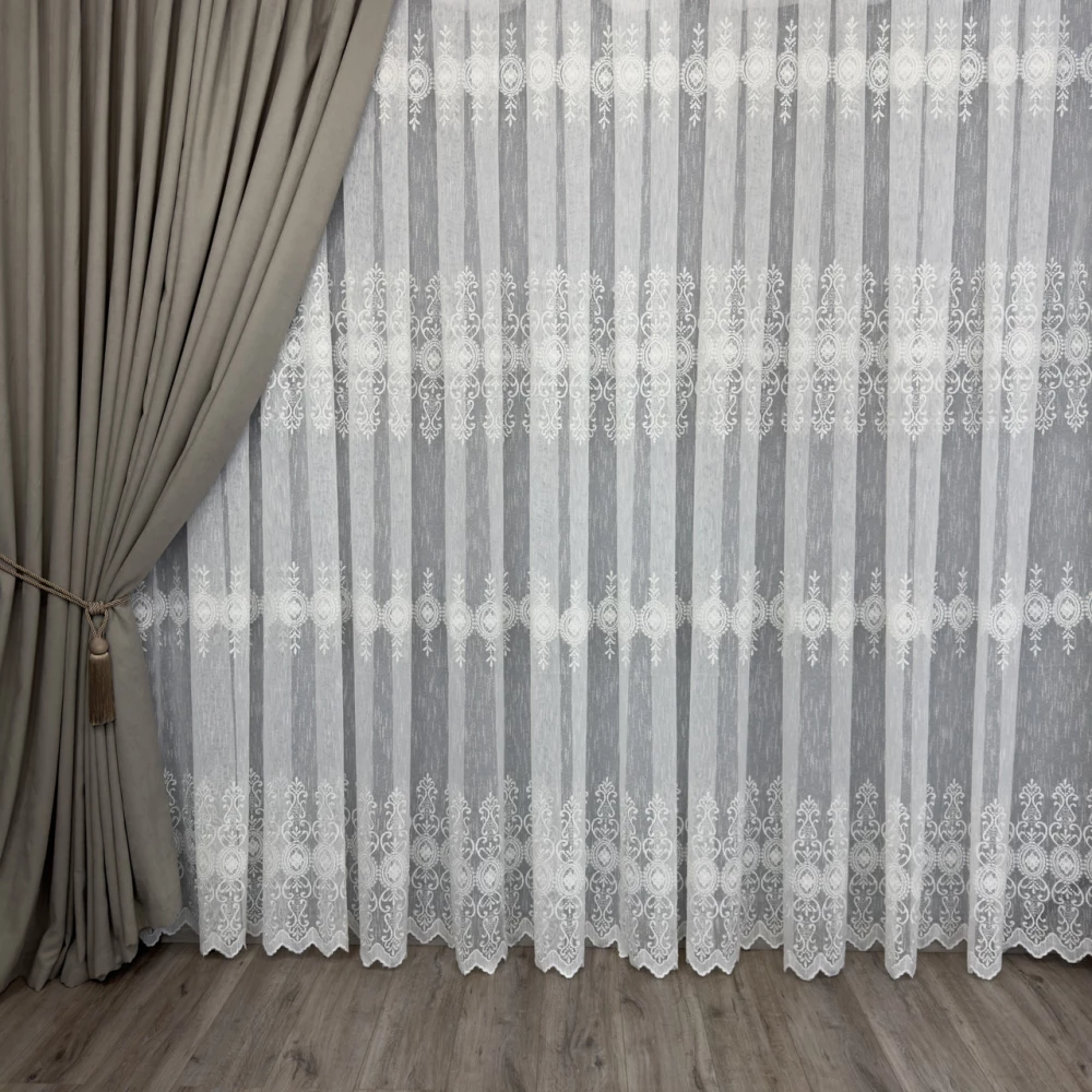 Тюль льон з вишивкою №1115 молочний