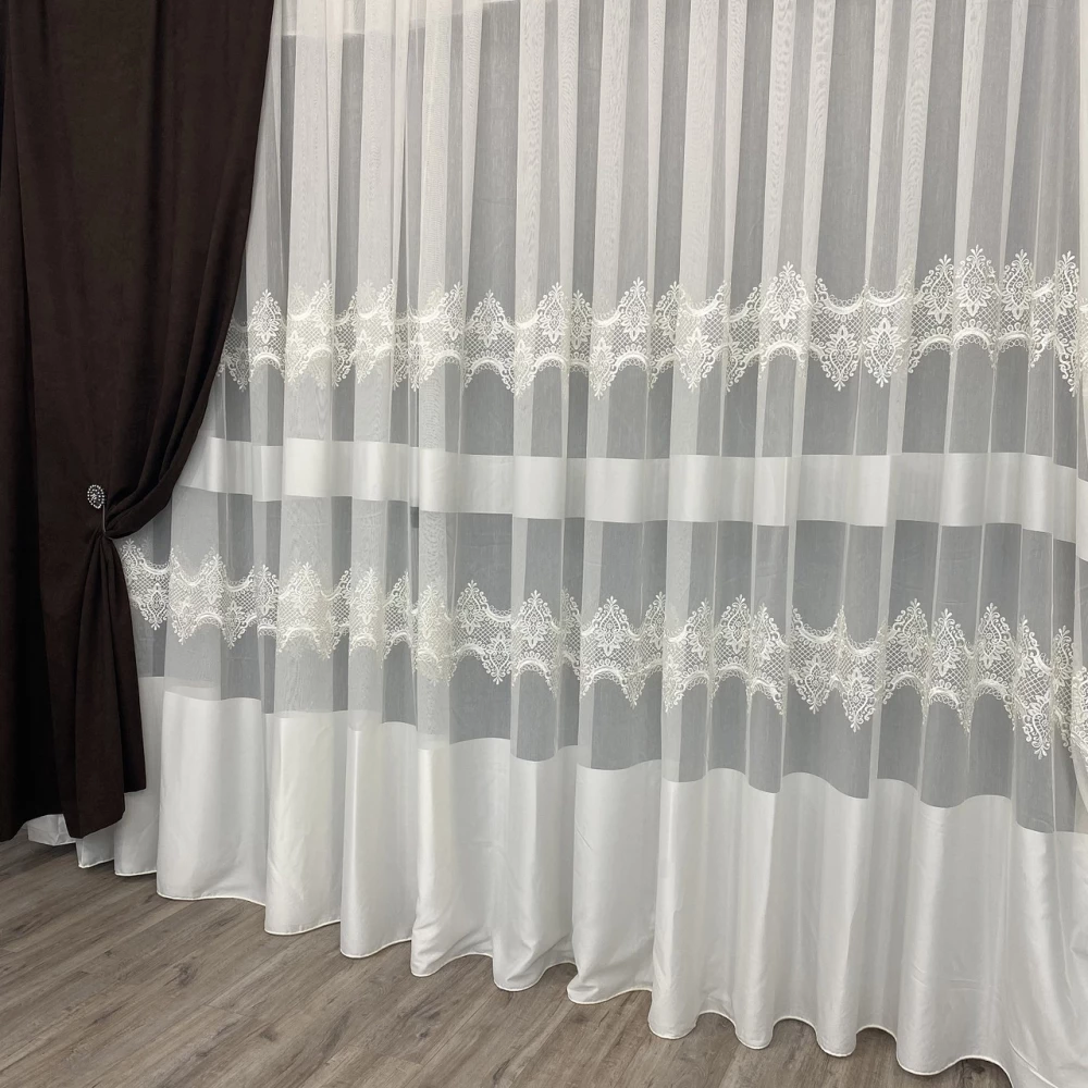 Тюльський бамбук Fantazi з вишивкою і сатиновими вставками No4199 на відріз Молковий