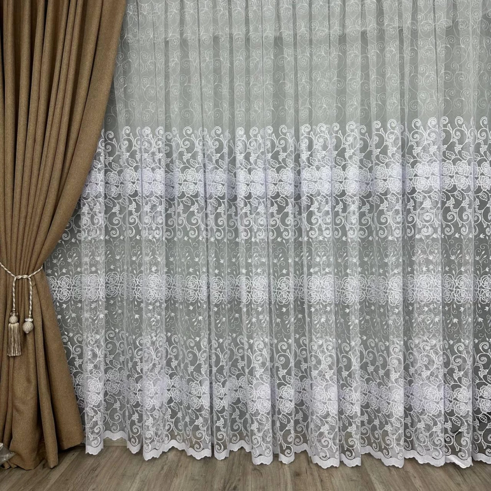 Шикарна фатинова тюль з густою вишивкою №12541