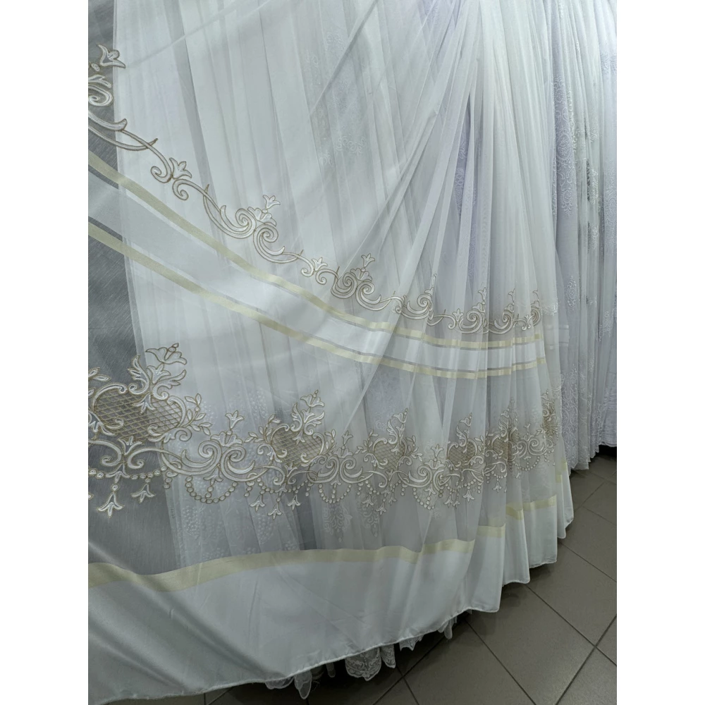 Тюль бамбук з вишивкою Keten 7238 айворі з золотом 
