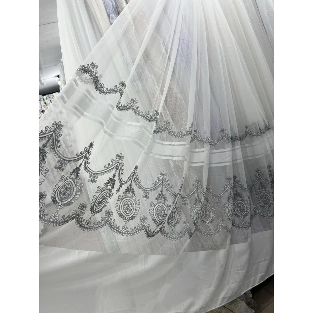 Тюль бамбук з вишивкою Keten 7237 білий з сірим