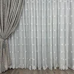 Тюль грек-сітка з вишивкою №12567 в спальню, вітальню на відріз Біло-сірий Тюль грек-сітка з вишивкою №12567 в спальню, вітальню на відріз Біло-сірий