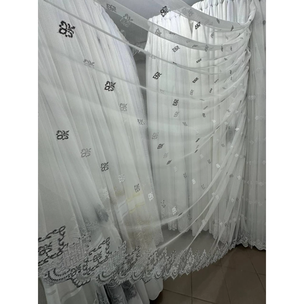 Тюль грек-сетка с вышивкой №12566 для спальни, гостинной на отрез Бело-серый