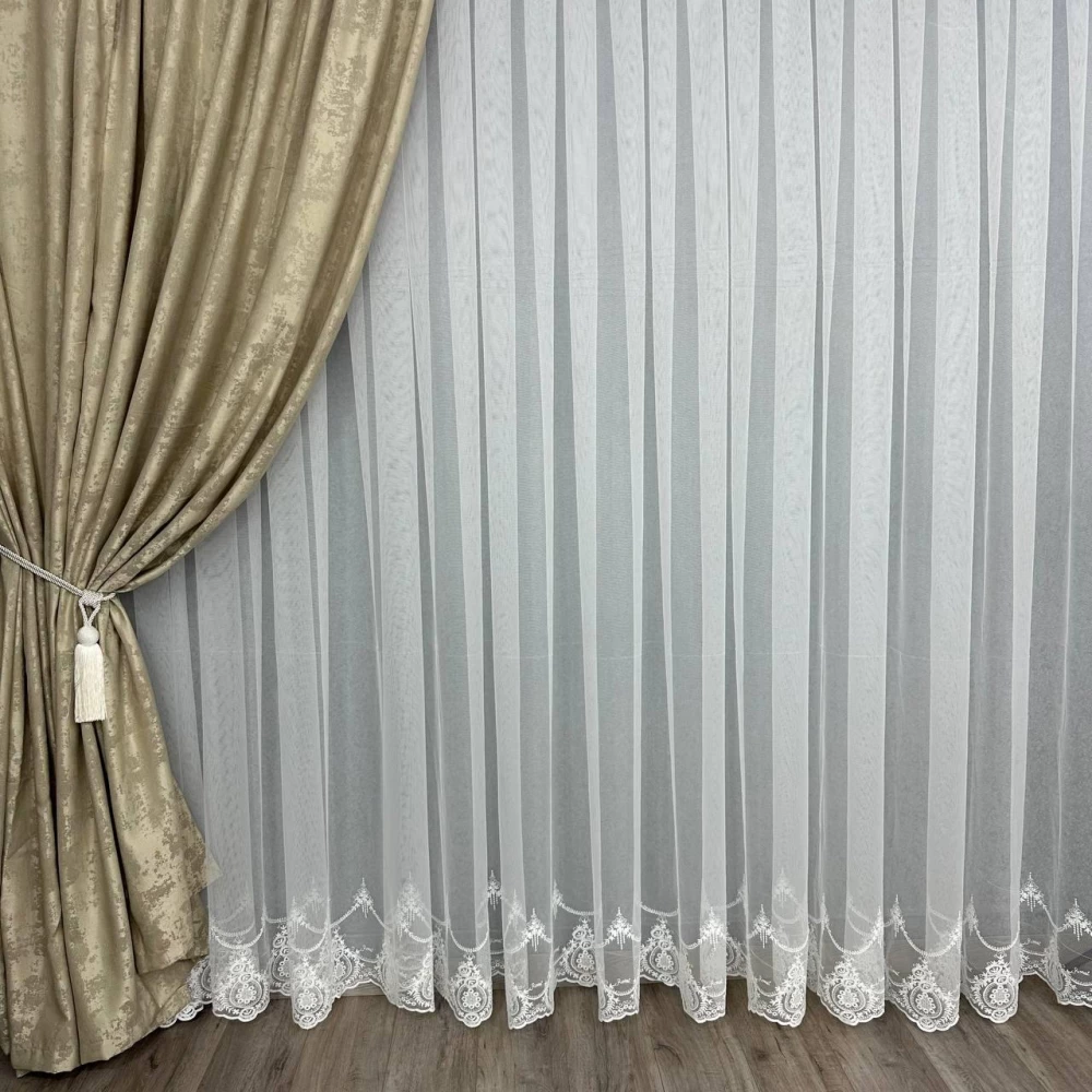 Тюль грек-сетка с нежной вышивкой по низу №241673 молочный