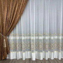 Тюль бамбук з вишивкою Keten 7237 айворі з золотим