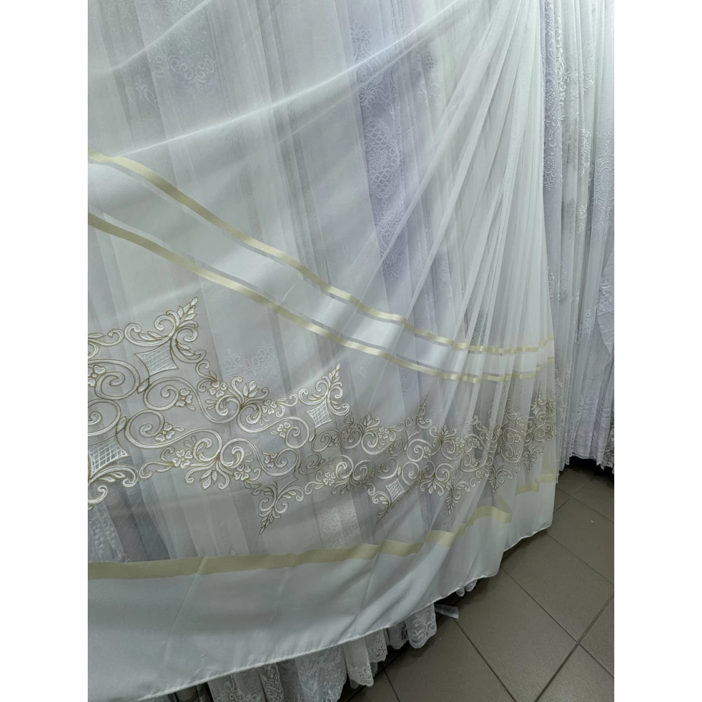 Тюль бамбук с вышивкой Keten 7240 айвори с золотом